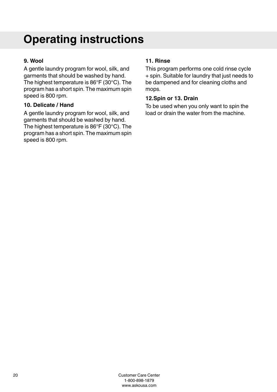 Or 13, Operating instructions | ASKO W6903 User Manual | Page 20 / 44