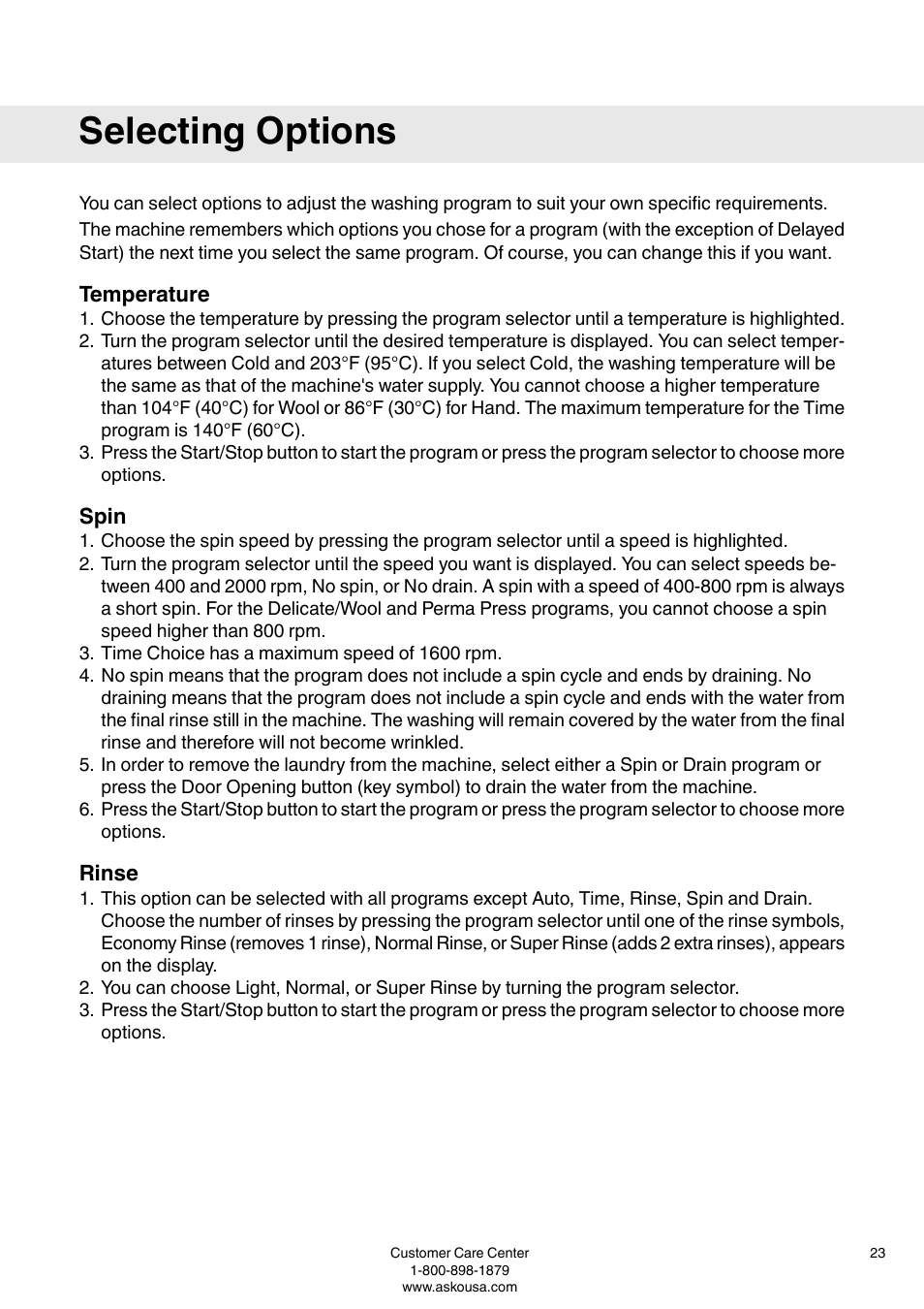 Selecting options, Temperature, Spin | Rinse | ASKO W6903 User Manual | Page 23 / 44