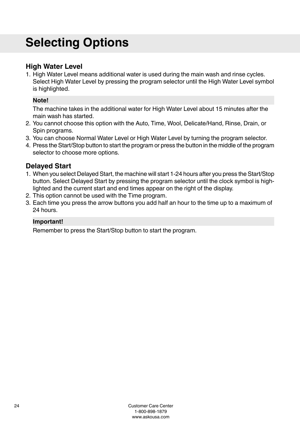 High water level, Delayed start, Selecting options | ASKO W6903 User Manual | Page 24 / 44