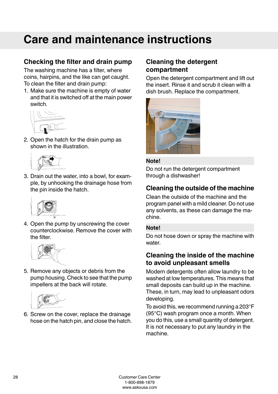 Care and maintenance instructions, Checking the filter and drain pump, Cleaning the detergent compartment | Cleaning the outside of the machine | ASKO W6903 User Manual | Page 28 / 44