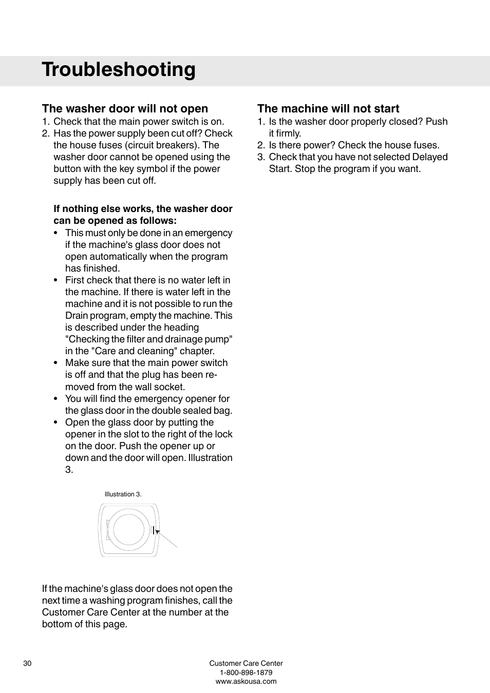 Troubleshooting, The washer door will not open, The machine will not start | ASKO W6903 User Manual | Page 30 / 44