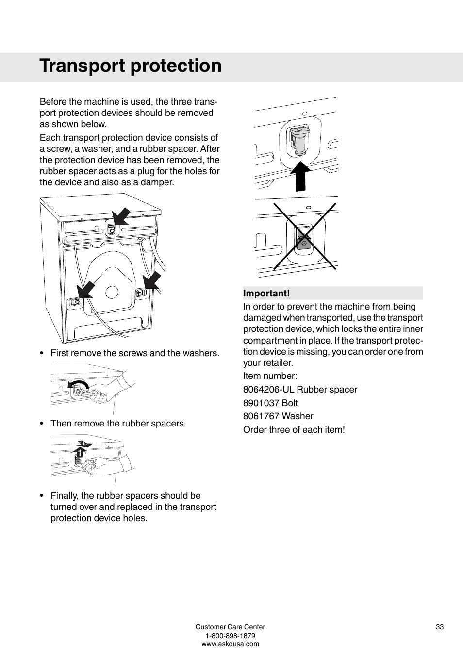 Transport protection | ASKO W6903 User Manual | Page 33 / 44