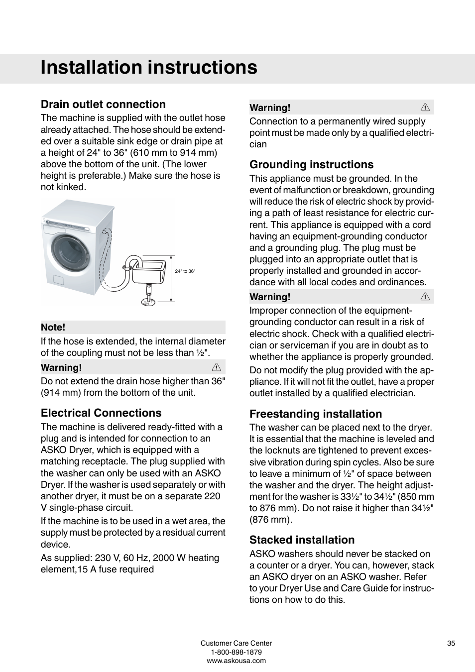 Drain outlet connection, Electrical connections, Grounding instructions | Freestanding installation, Stacked installation, Installation instructions | ASKO W6903 User Manual | Page 35 / 44