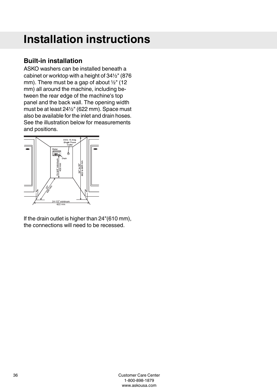 Built-in installation, Installation instructions | ASKO W6903 User Manual | Page 36 / 44