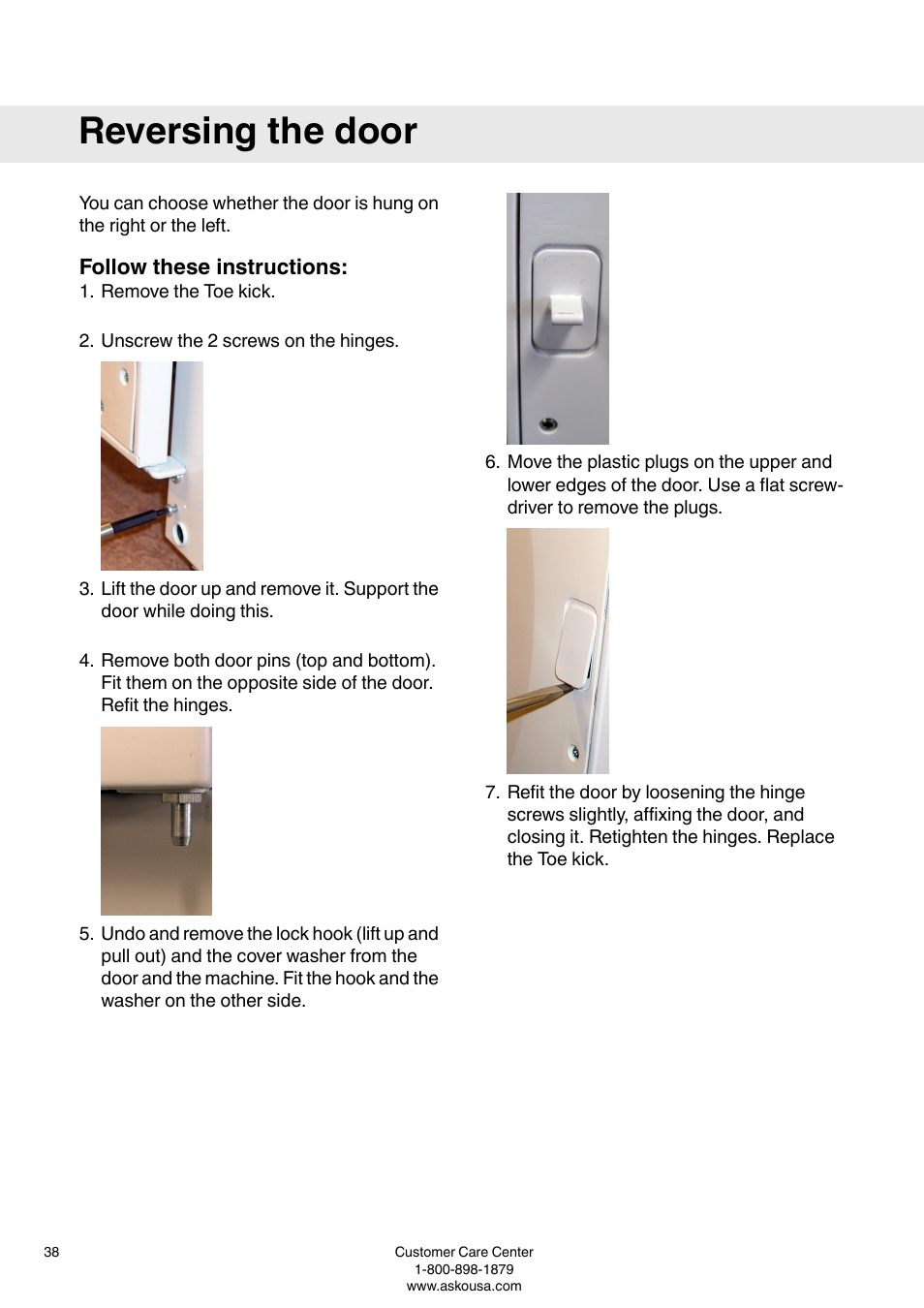 Follow these instructions, Reversing the door | ASKO W6903 User Manual | Page 38 / 44