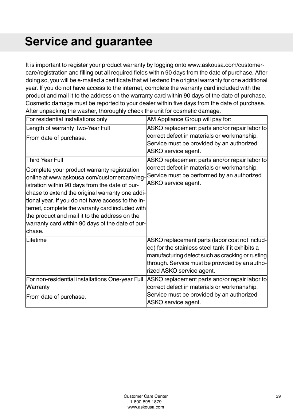 Service and guarantee | ASKO W6903 User Manual | Page 39 / 44