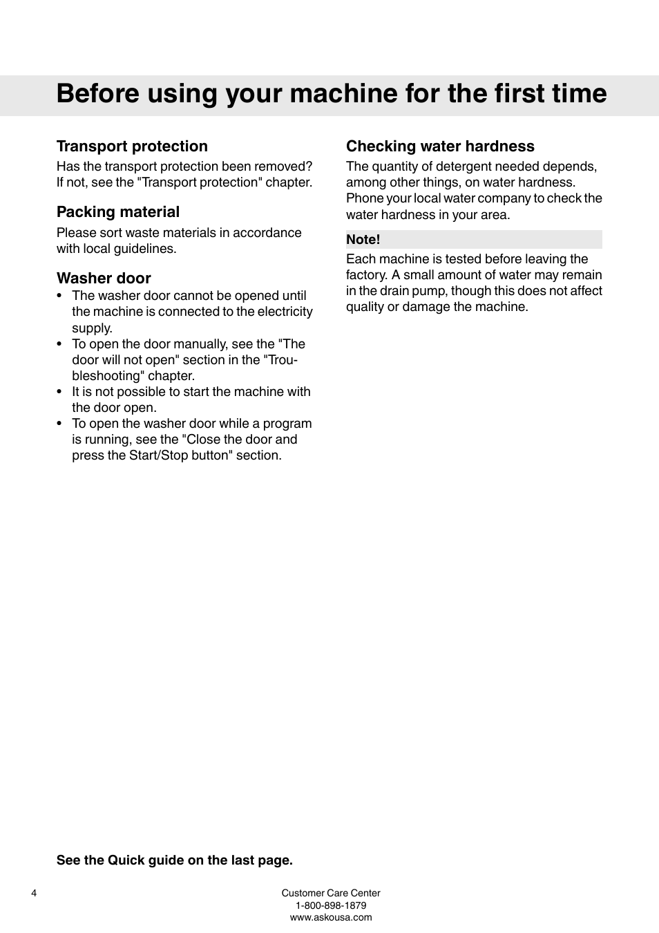 Before using your machine for the first time, Transport protection, Packing material | Washer door, Checking water hardness | ASKO W6903 User Manual | Page 4 / 44