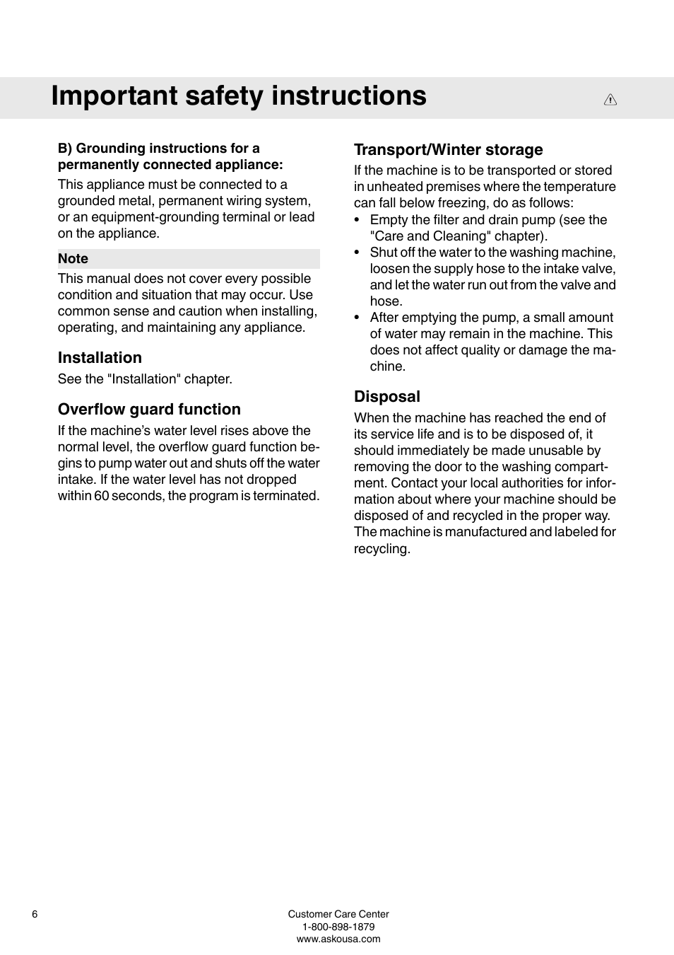 Installation, Overflow guard function, Transport/winter storage | Disposal, Important safety instructions | ASKO W6903 User Manual | Page 6 / 44