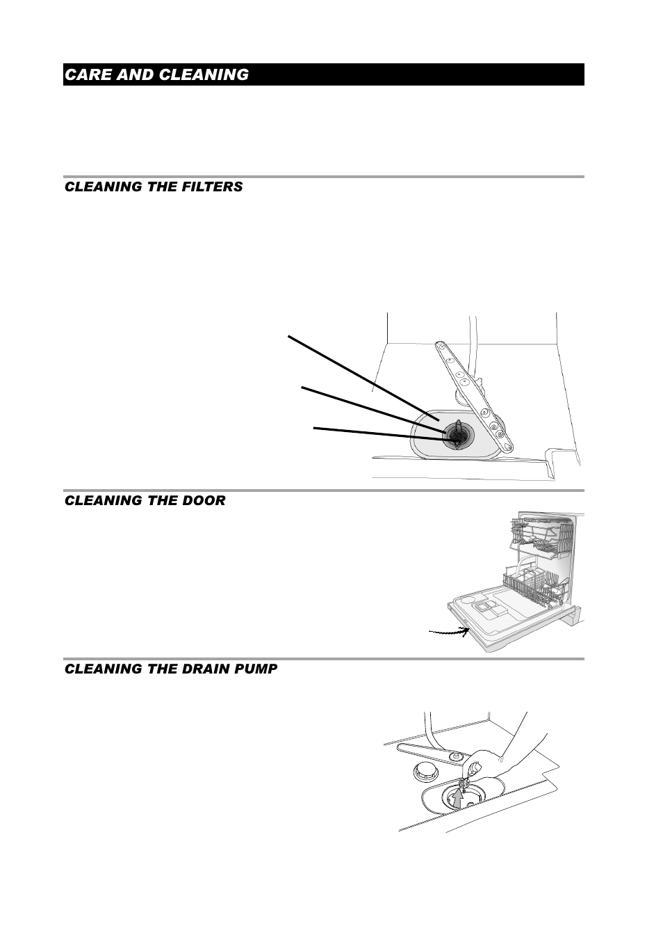 Care and cleaning, Cleaning the drain pump, Cleaning the filters | Cleaning the door | ASKO D3530 User Manual | Page 10 / 16