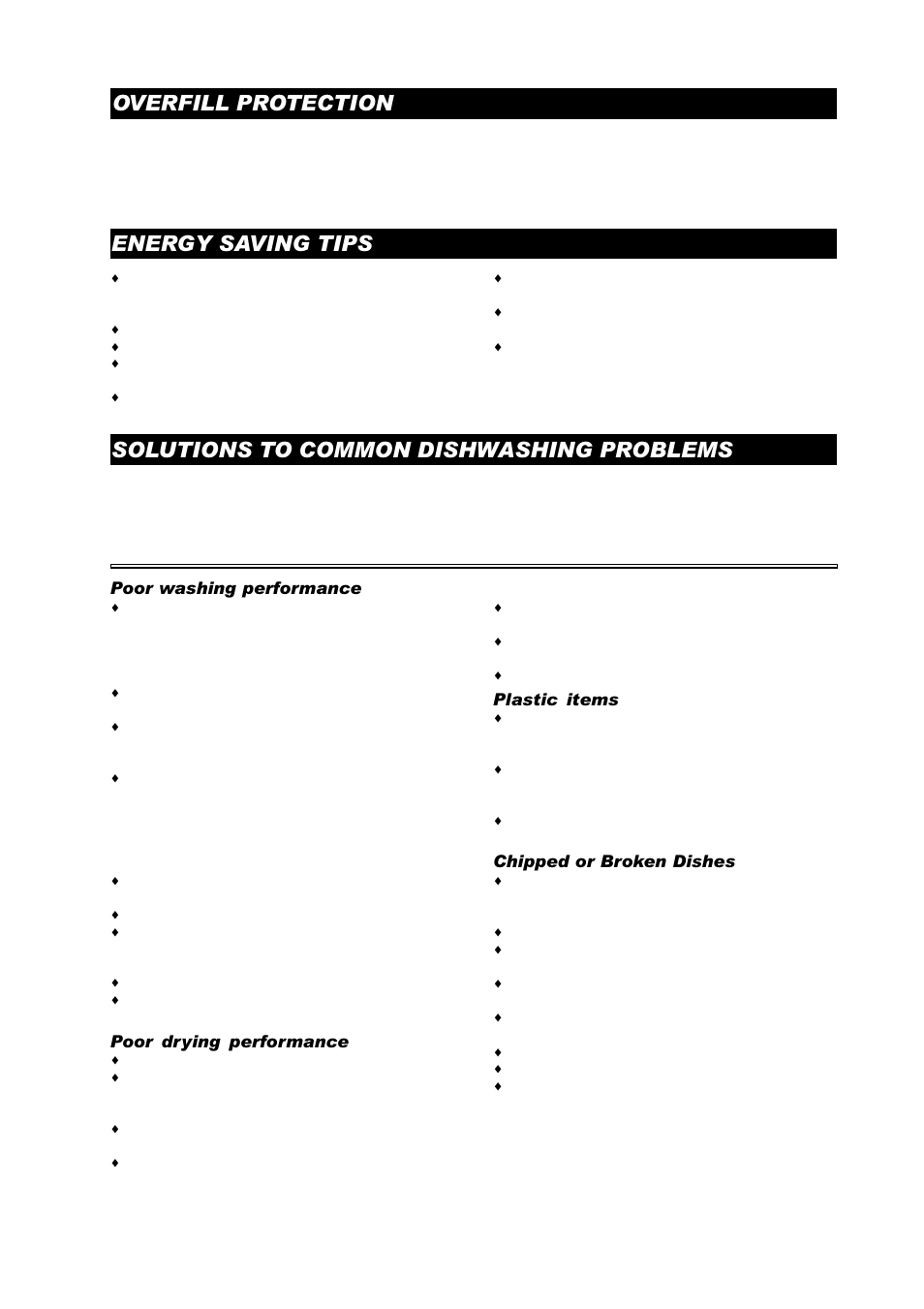 Overfill protection, Energy saving tips, Solutions to common dishwashing problems | ASKO D3530 User Manual | Page 11 / 16