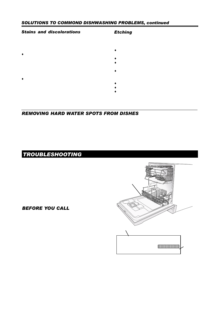 Troubleshooting, Before you call, Removing hard water spots from dishes | ASKO D3530 User Manual | Page 12 / 16