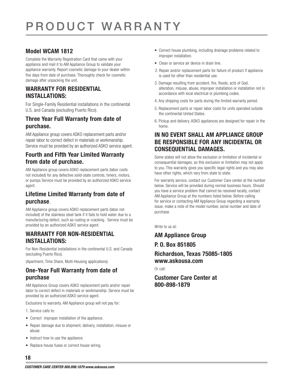 Model wcam 1812, Warranty for residential installations, Three year full warranty from date of purchase | Lifetime limited warranty from date of purchase, Warranty for non-residential installations, One-year full warranty from date of purchase | ASKO WCAM 1812 User Manual | Page 18 / 20