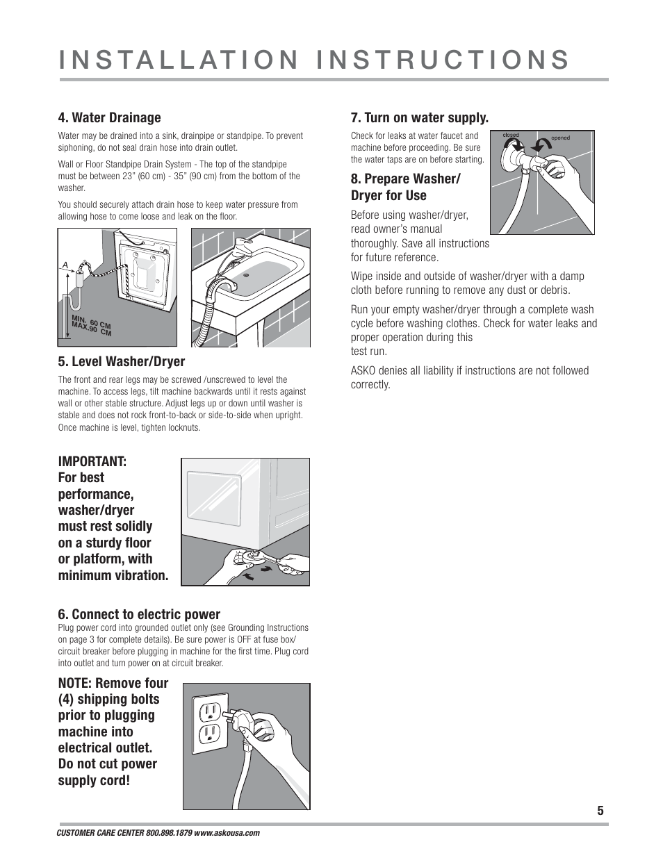 Turn on water supply, Prepare washer/ dryer for use, Water drainage | Level washer/dryer | ASKO WCAM 1812 User Manual | Page 5 / 20