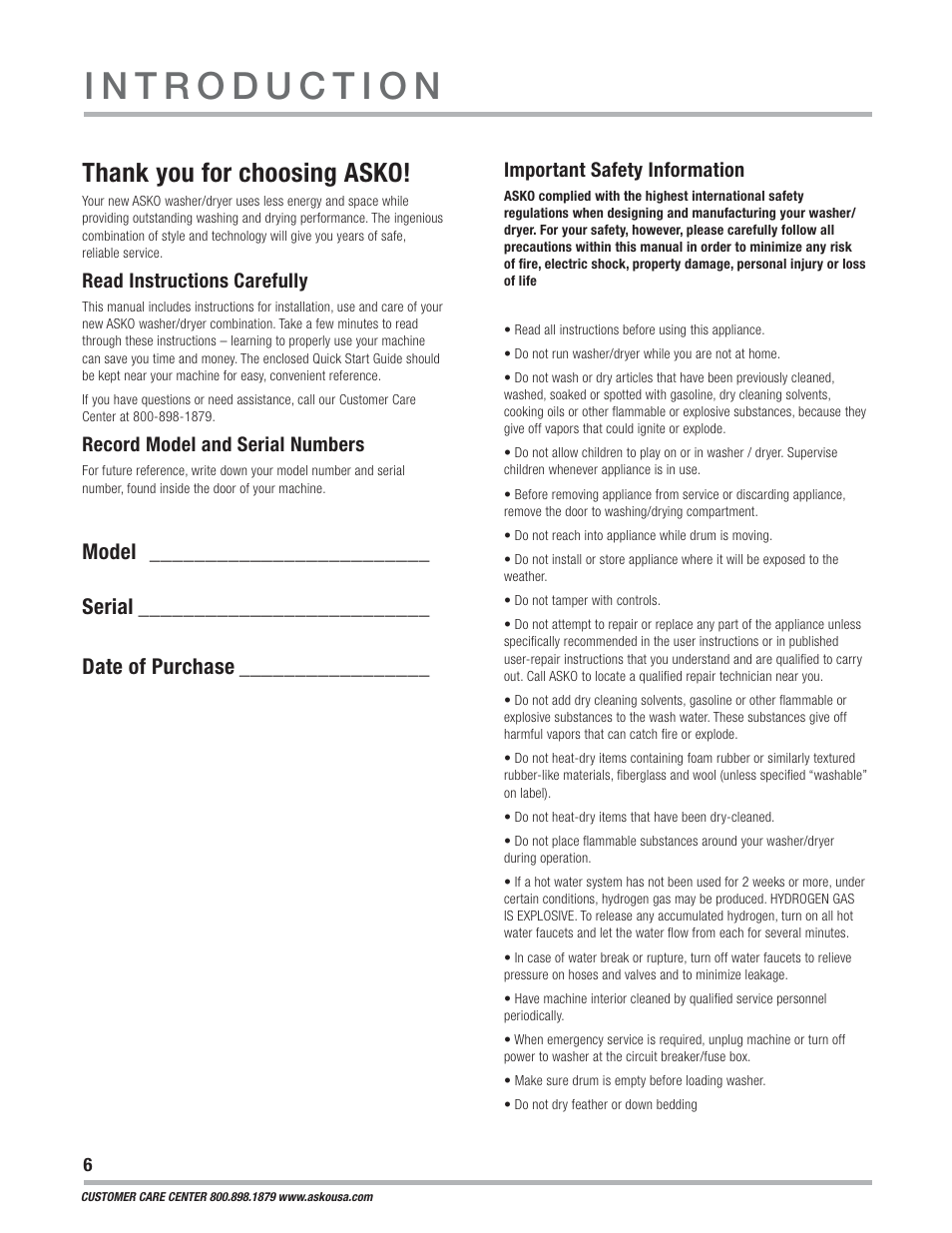 Read instructions carefully, Record model and serial numbers, Important safety information | ASKO WCAM 1812 User Manual | Page 6 / 20