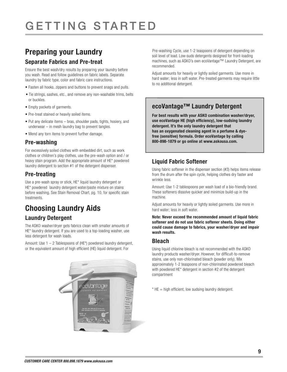 Preparing your laundry, Choosing laundry aids, Ecovantage™ laundry detergent | ASKO WCAM 1812 User Manual | Page 9 / 20