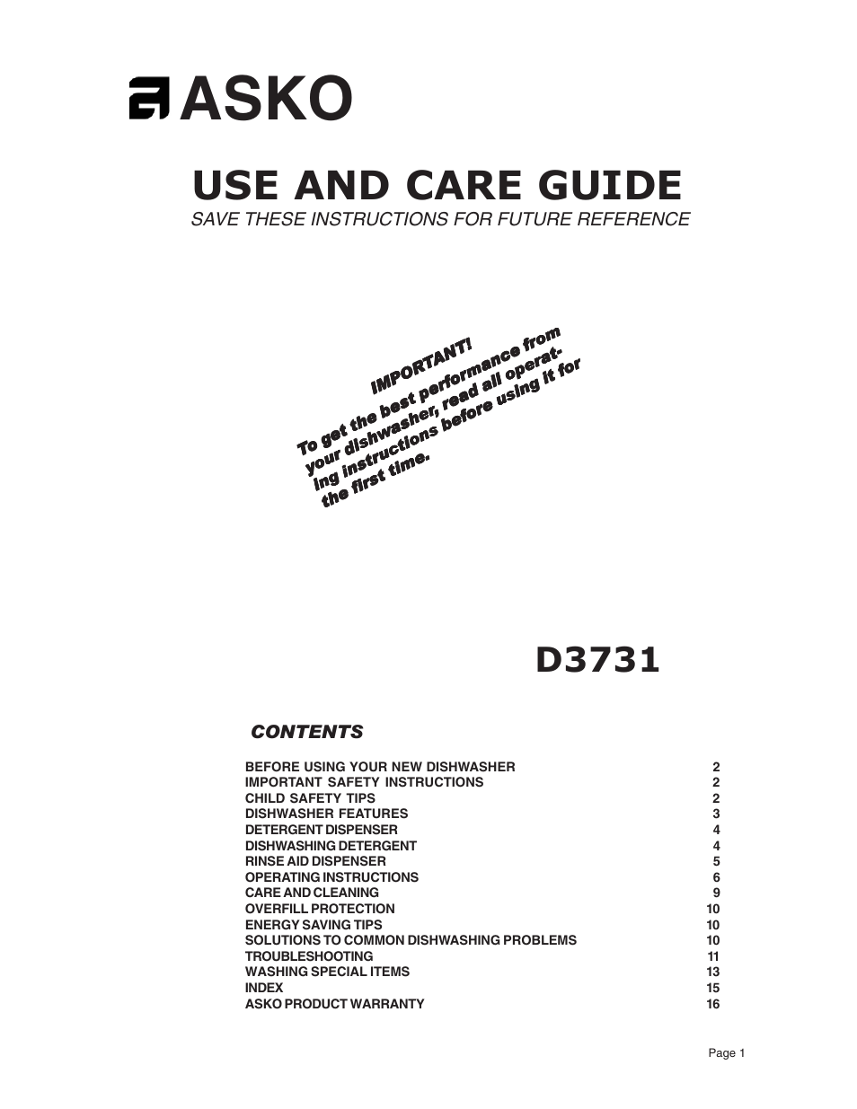 ASKO D3731 User Manual | 16 pages