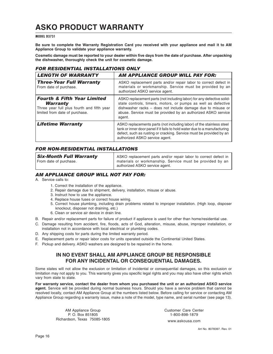 Asko product warranty | ASKO D3731 User Manual | Page 16 / 16