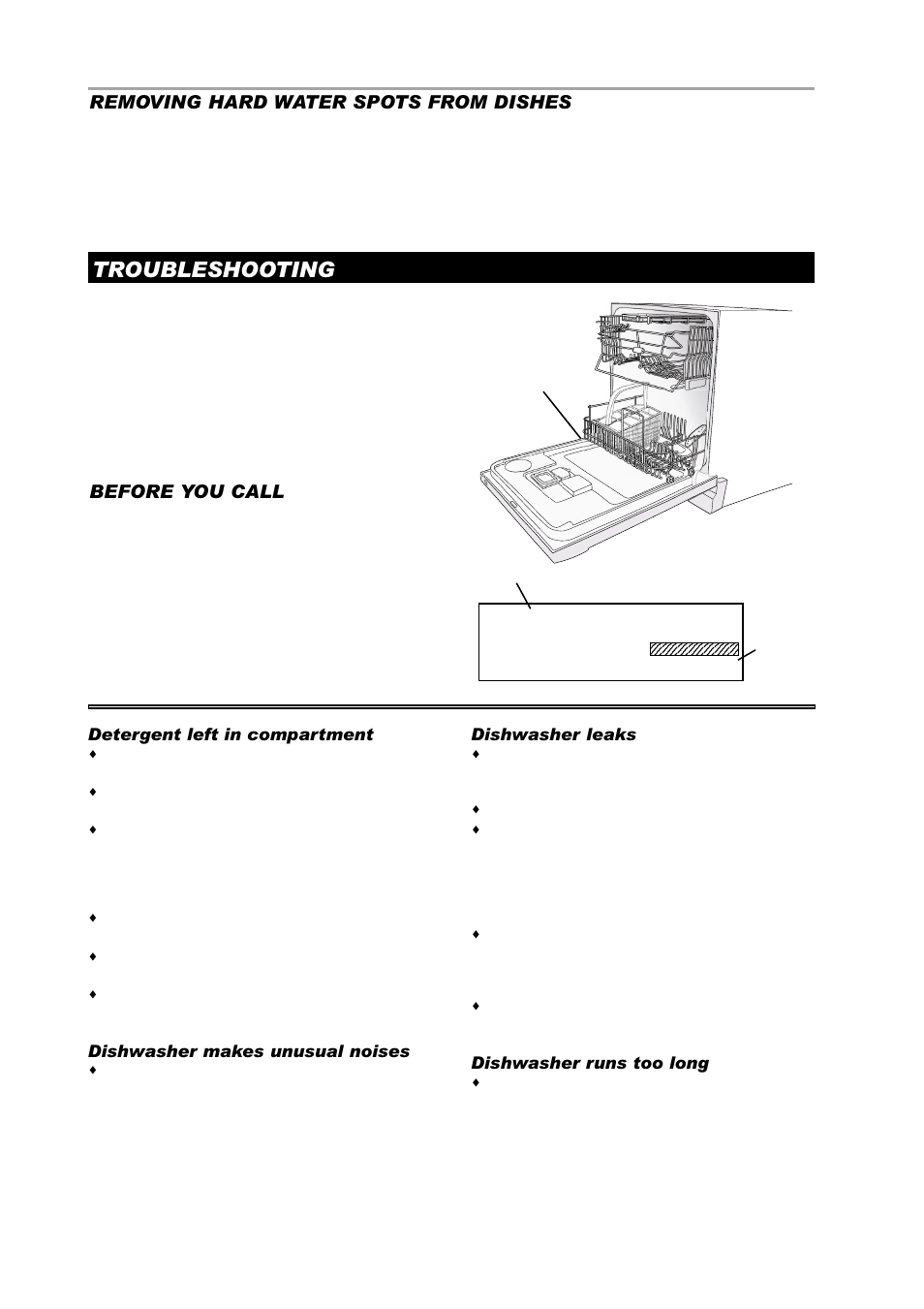 Troubleshooting, Before you call, Removing hard water spots from dishes | ASKO D3350 User Manual | Page 12 / 16