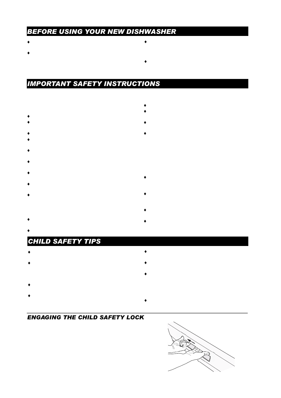 Child safety tips, Before using your new dishwasher, Important safety instructions | Engaging the child safety lock | ASKO D3350 User Manual | Page 2 / 16