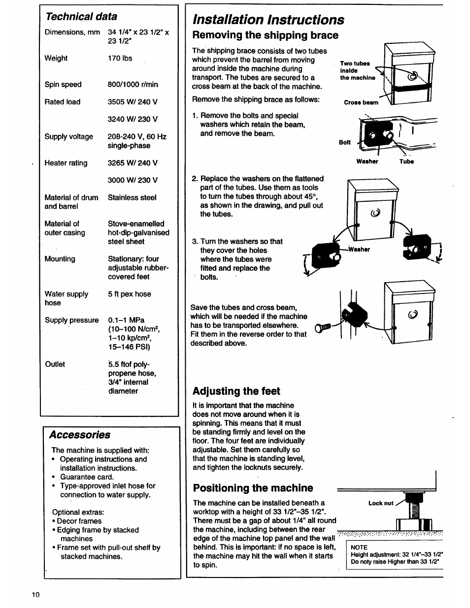 Installation instructions, Removing the shipping brace, Adjusting the feet | Positioning the machine, Technical data, Accessories | ASKO 11505 User Manual | Page 10 / 16
