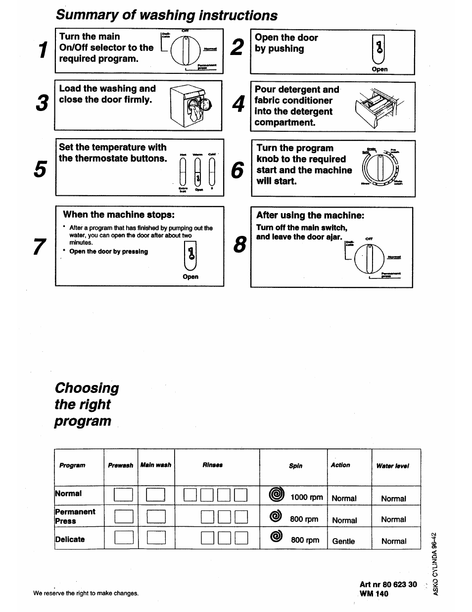 Summary of washing instructions, Choosing the right program, Summary of washing instructions 2 | Lbt u uj | ASKO 11505 User Manual | Page 16 / 16