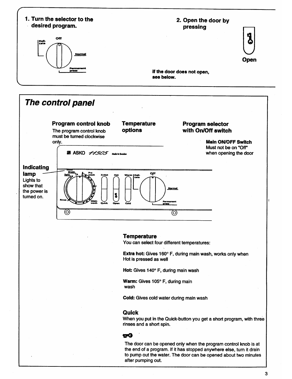 The control panel, Program control knob, Temperature | Options, Program selector with on/off switch, Indicating lamp, Quick | ASKO 11505 User Manual | Page 3 / 16