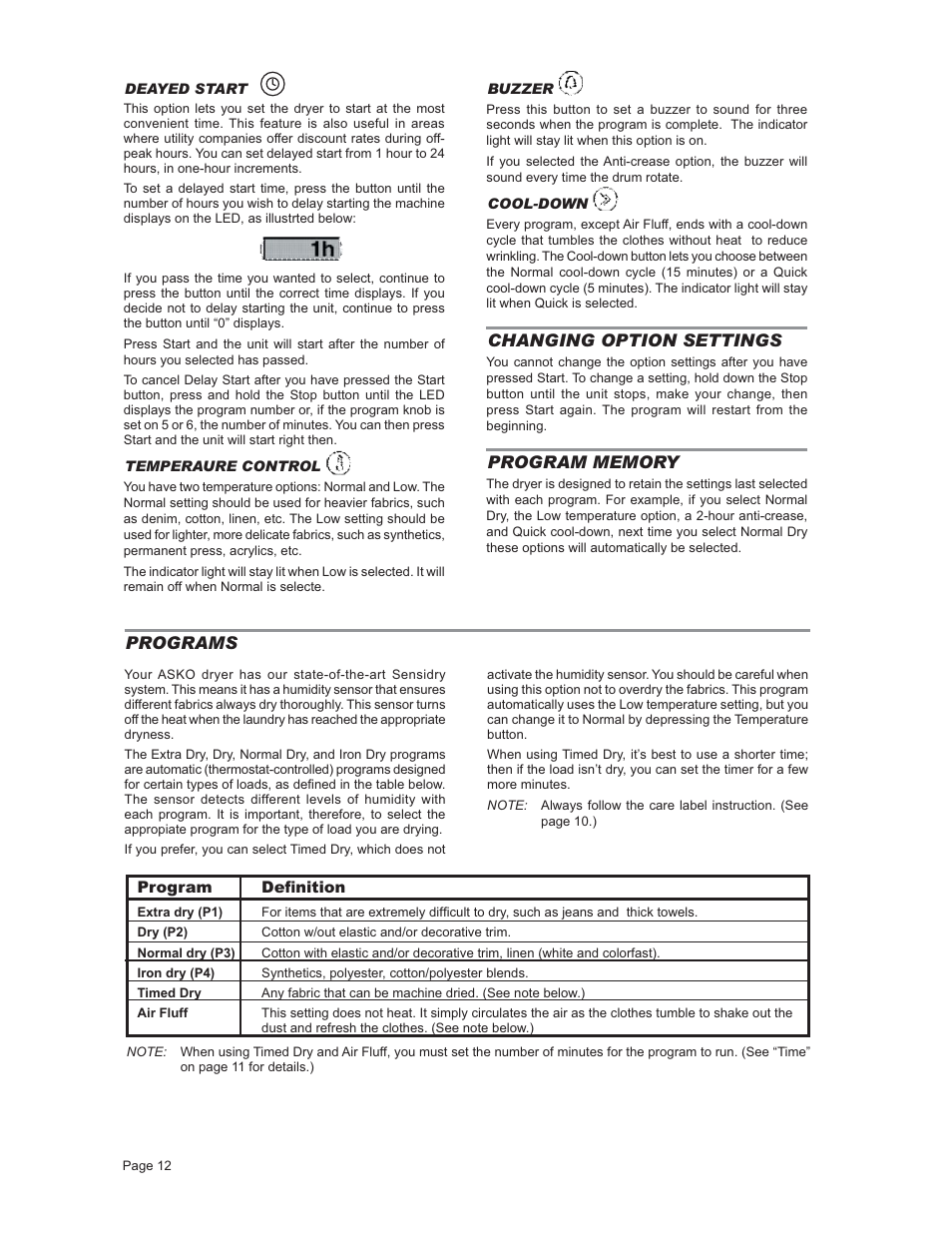Changing option settings, Program memory, Programs | Program definition | ASKO T731 User Manual | Page 12 / 20