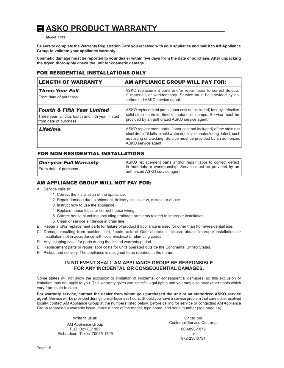 Asko product warranty, For non-residential installations, Am appliance group will not pay for | ASKO T731 User Manual | Page 16 / 20