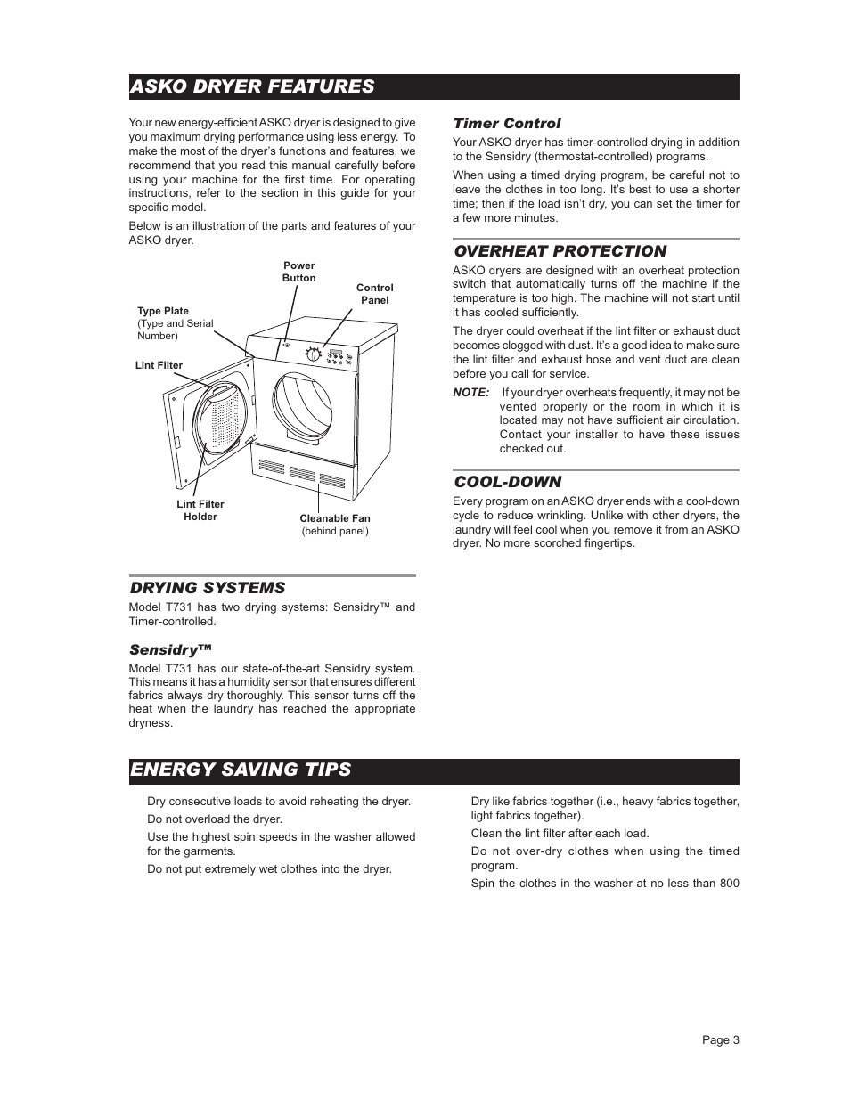 Asko dryer features, Overheatprotection, Cool-down | Drying systems, Energy saving tips, Timercontrol, Sensidry | ASKO T731 User Manual | Page 3 / 20