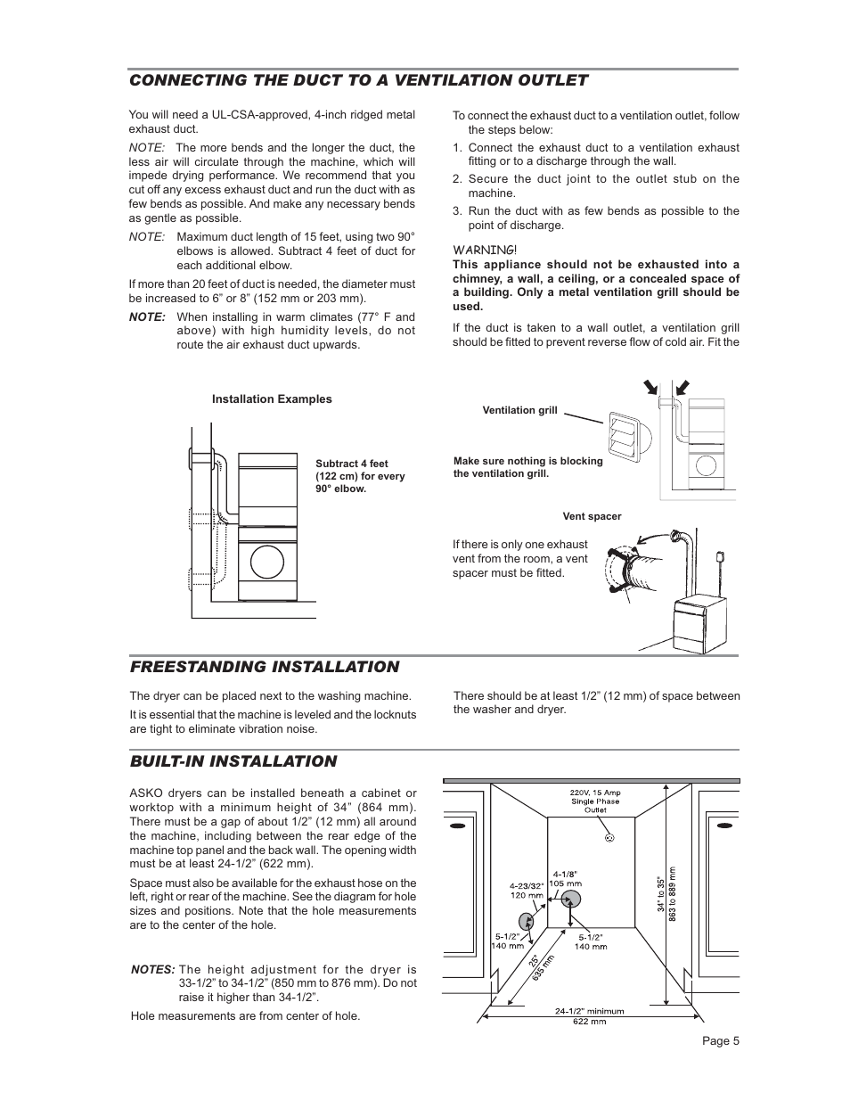 Connecting the ductto a ventilation outlet, Freestanding installation, Built-in installation | Warning | ASKO T731 User Manual | Page 5 / 20