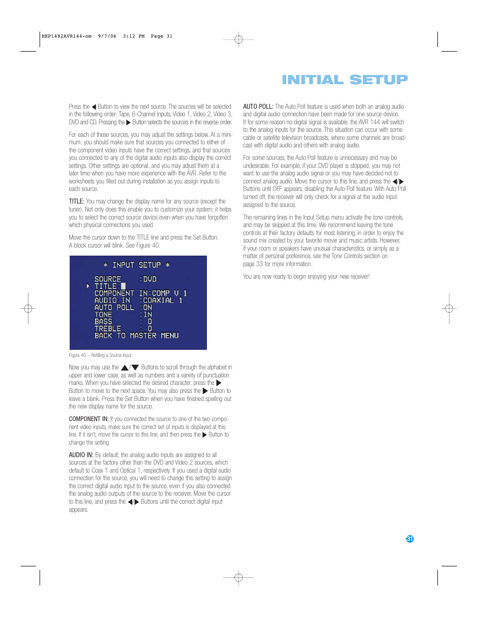 Initial setup | Harman-Kardon AVR 144 User Manual | Page 31 / 64