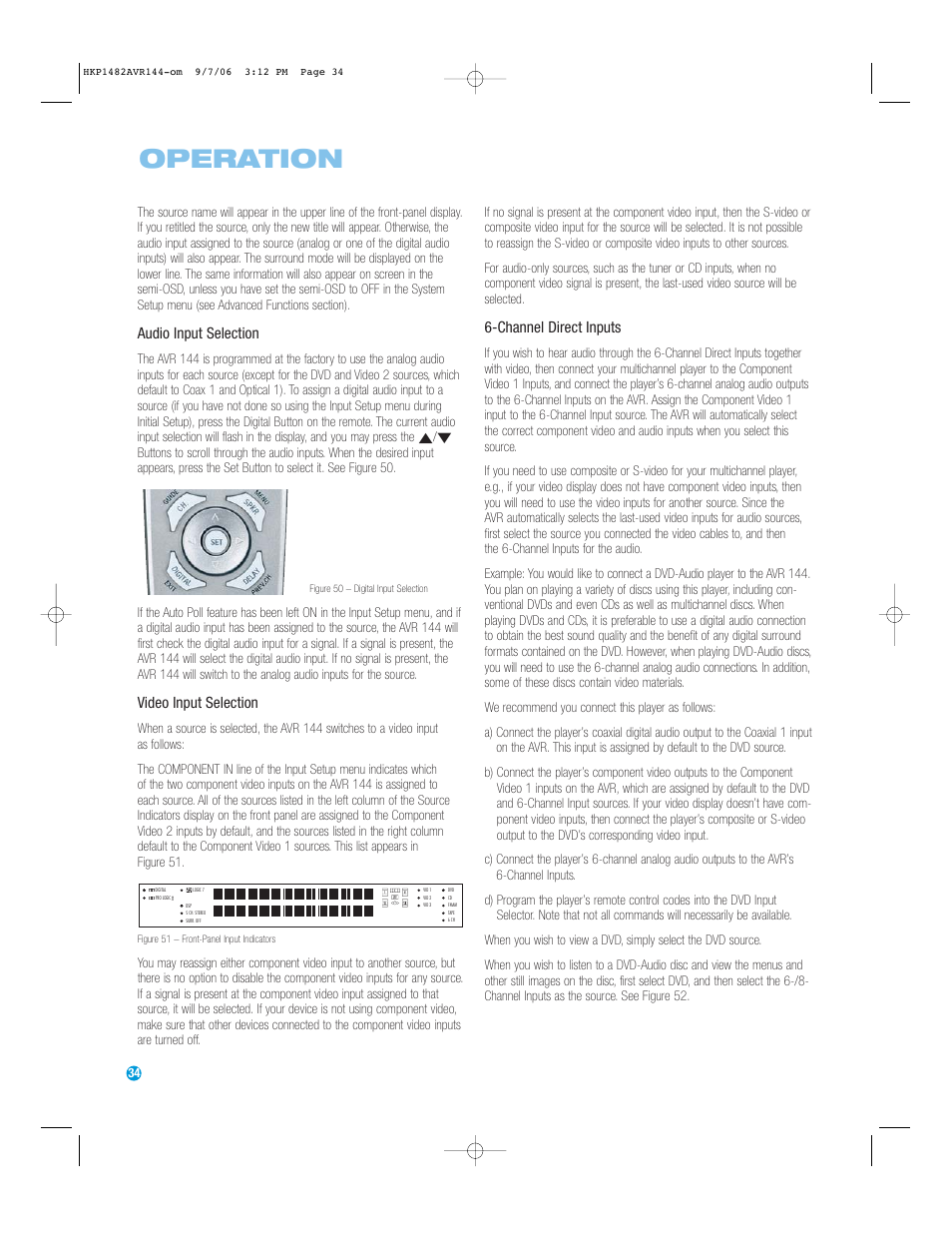 Operation, Audio input selection, Video input selection | Channel direct inputs | Harman-Kardon AVR 144 User Manual | Page 34 / 64