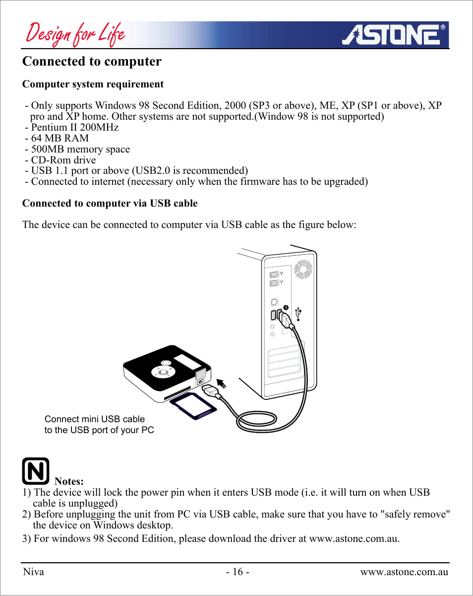 Connected to computer | Astone Holdings Pty NIVA User Manual | Page 17 / 29