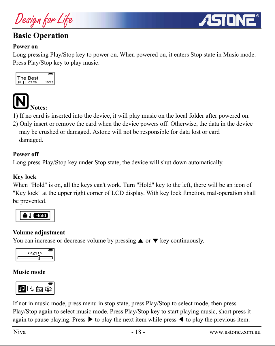 Basic operation | Astone Holdings Pty NIVA User Manual | Page 19 / 29