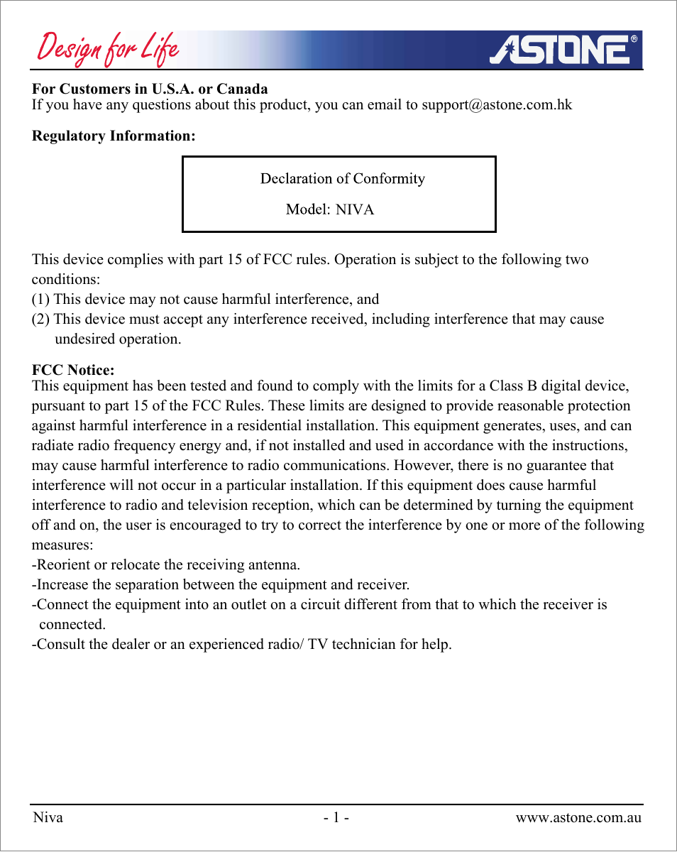 Astone Holdings Pty NIVA User Manual | Page 2 / 29