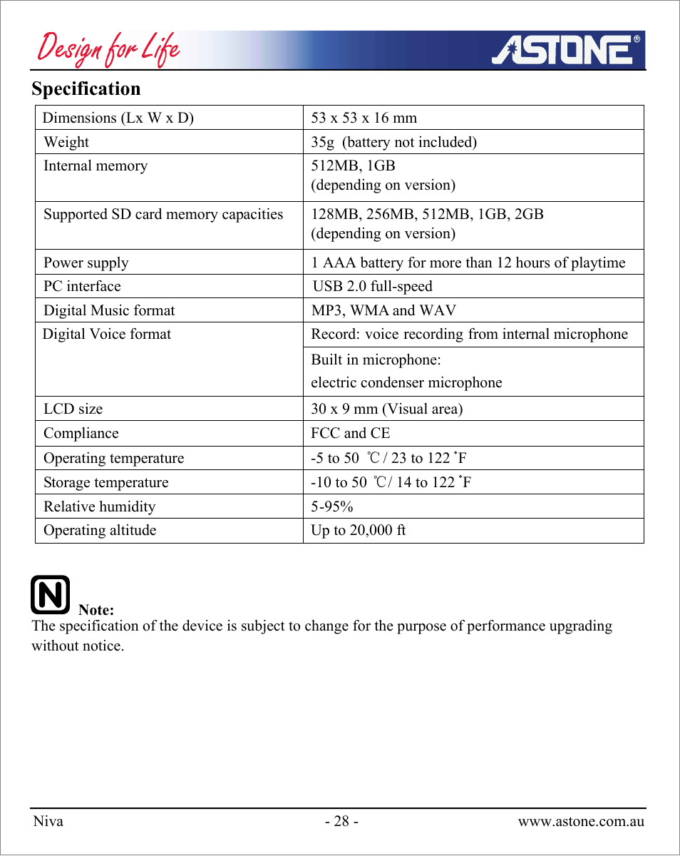 Specification | Astone Holdings Pty NIVA User Manual | Page 29 / 29