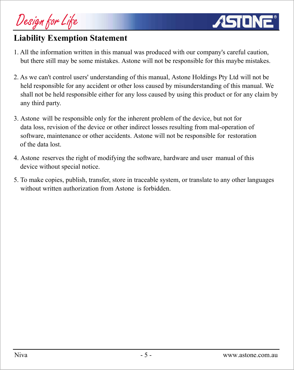Liability exemption statement | Astone Holdings Pty NIVA User Manual | Page 6 / 29