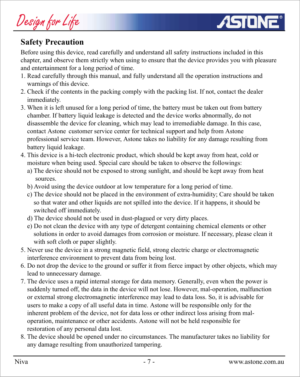 Safety precaution | Astone Holdings Pty NIVA User Manual | Page 8 / 29