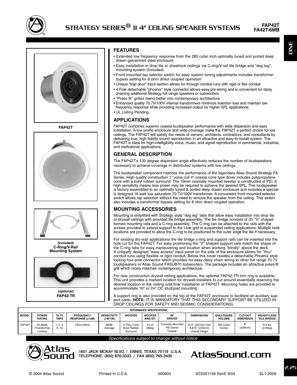 Atlas Sound STRATEGY SERIES FAP42T User Manual | 3 pages