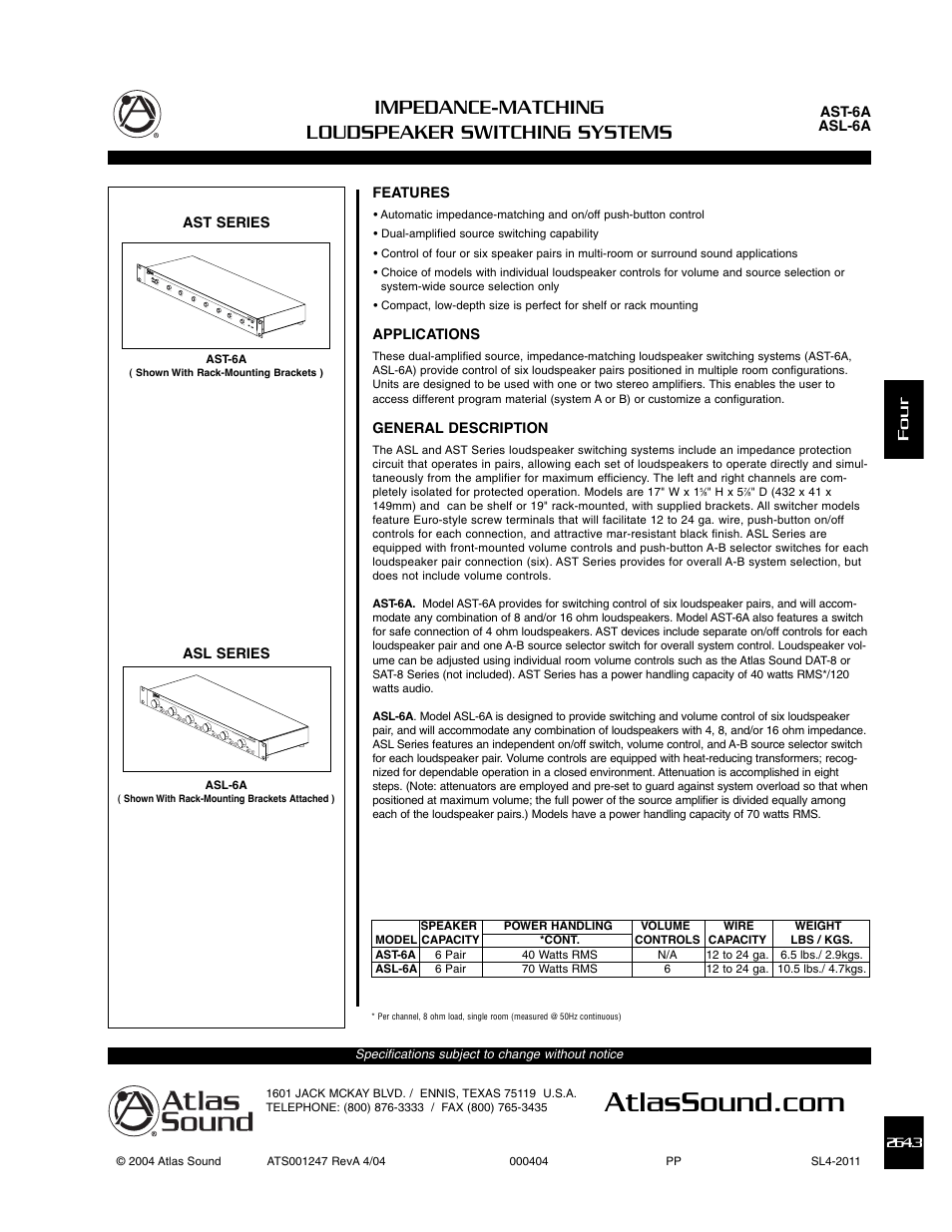 Atlas Sound Loudspeaker Switching System ASL-6A User Manual | 2 pages