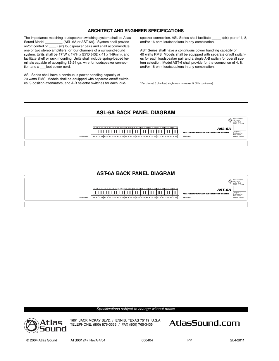 Asl-6a back panel diagram, Ast-6a back panel diagram, Architect and engineer specifications | Specifications subject to change without notice, H x 5, Ast-6a, Asl-6a | Atlas Sound Loudspeaker Switching System ASL-6A User Manual | Page 2 / 2