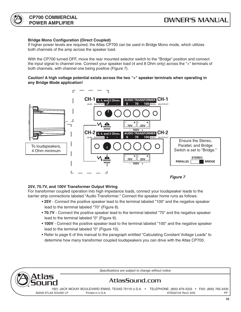 Owner's manual, Ch-1, Ch-2 | Cp700 commercial power amplifier | Atlas Sound CP700 User Manual | Page 10 / 16