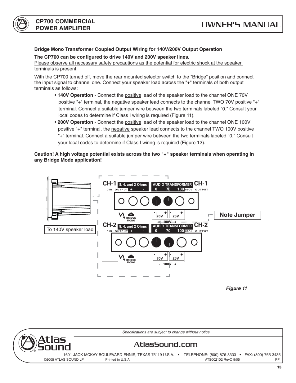 Owner's manual, Ch-1, Ch-2 | Cp700 commercial power amplifier | Atlas Sound CP700 User Manual | Page 13 / 16