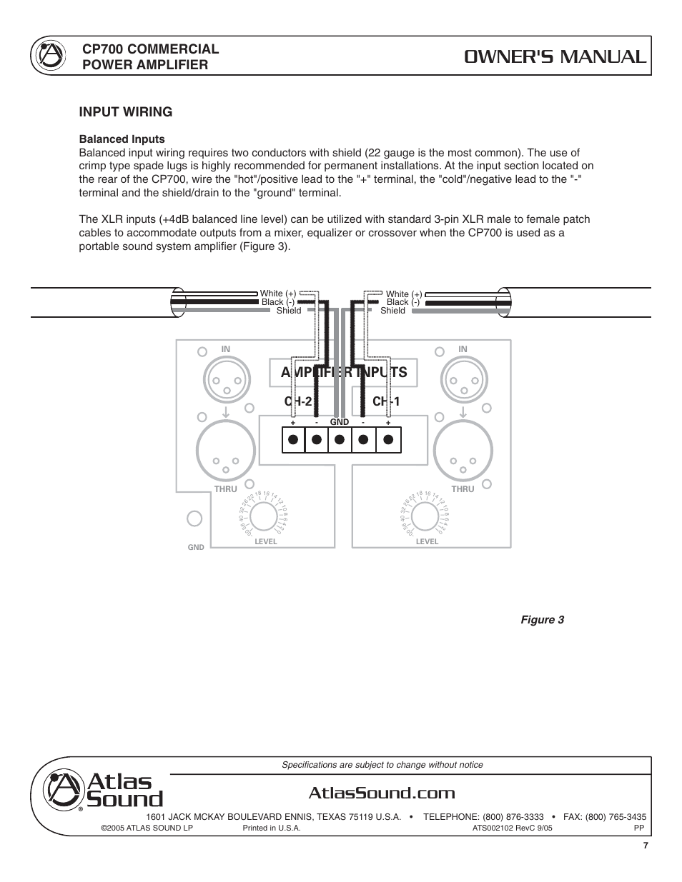 Owner's manual, Amplifier inputs, Cp700 commercial power amplifier | Input wiring, Ch-2, Ch-1 | Atlas Sound CP700 User Manual | Page 7 / 16