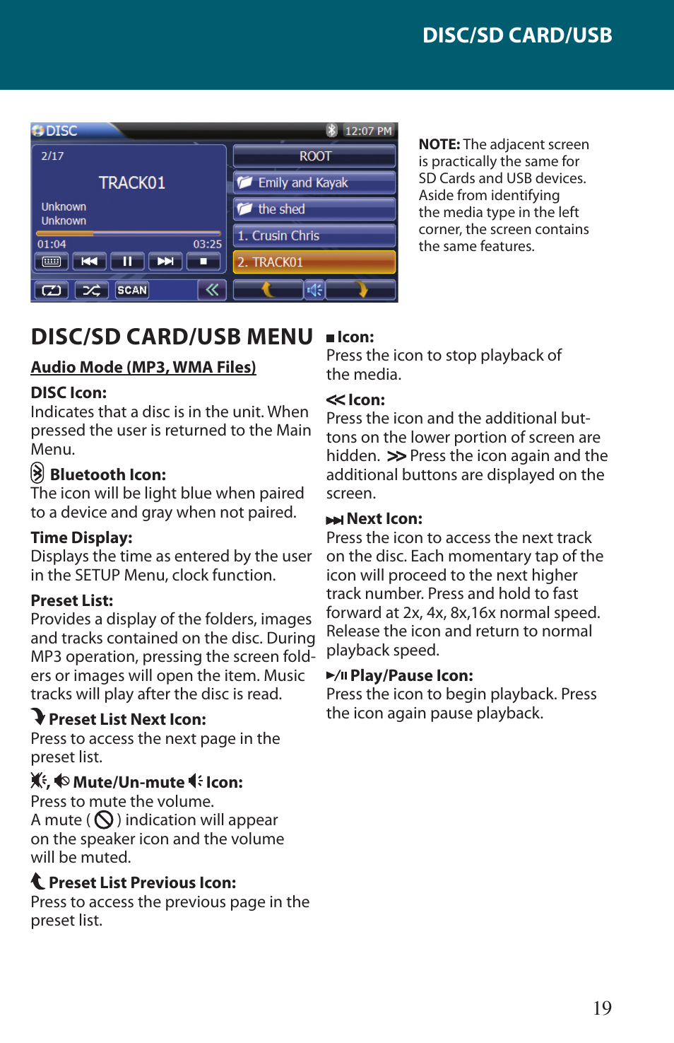 Disc/sd card/usb menu, Disc/sd card/usb | Advent TOCLJ-OE100 User Manual | Page 19 / 64