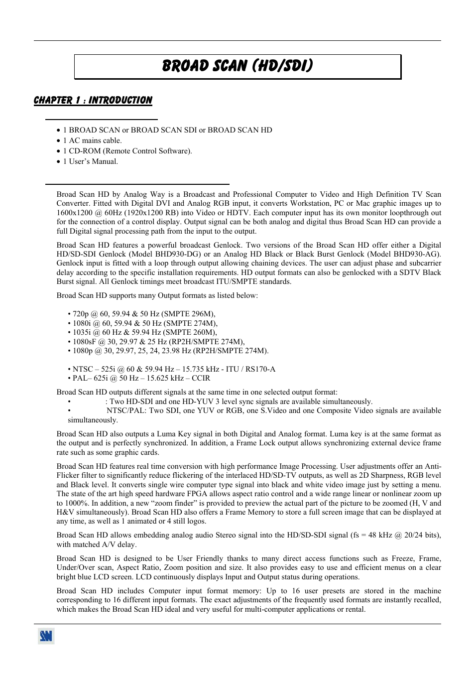 Chapter 1 : introduction, 1. accessories supplied, 2. broad scan hd general information | Broad scan (hd/sdi) | Analog Devices BHD930-AG User Manual | Page 7 / 45