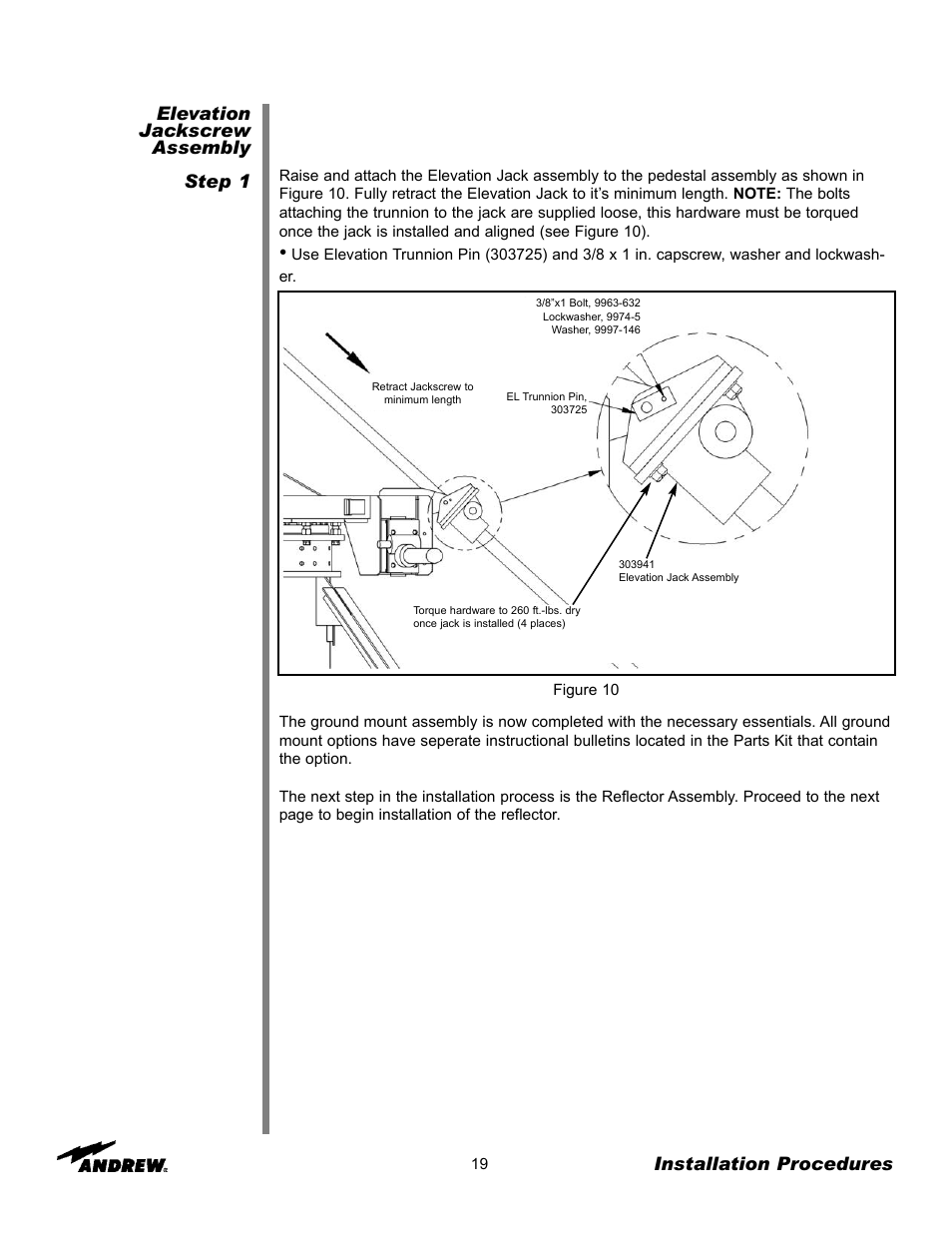 Elevation jackscrew assembly step 1, Installation procedures | Andrew ES76PK-1 User Manual | Page 17 / 52