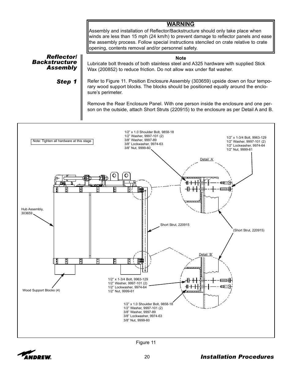 Reflector/ backstructure assembly step 1, Installation procedures, Warning | Andrew ES76PK-1 User Manual | Page 18 / 52