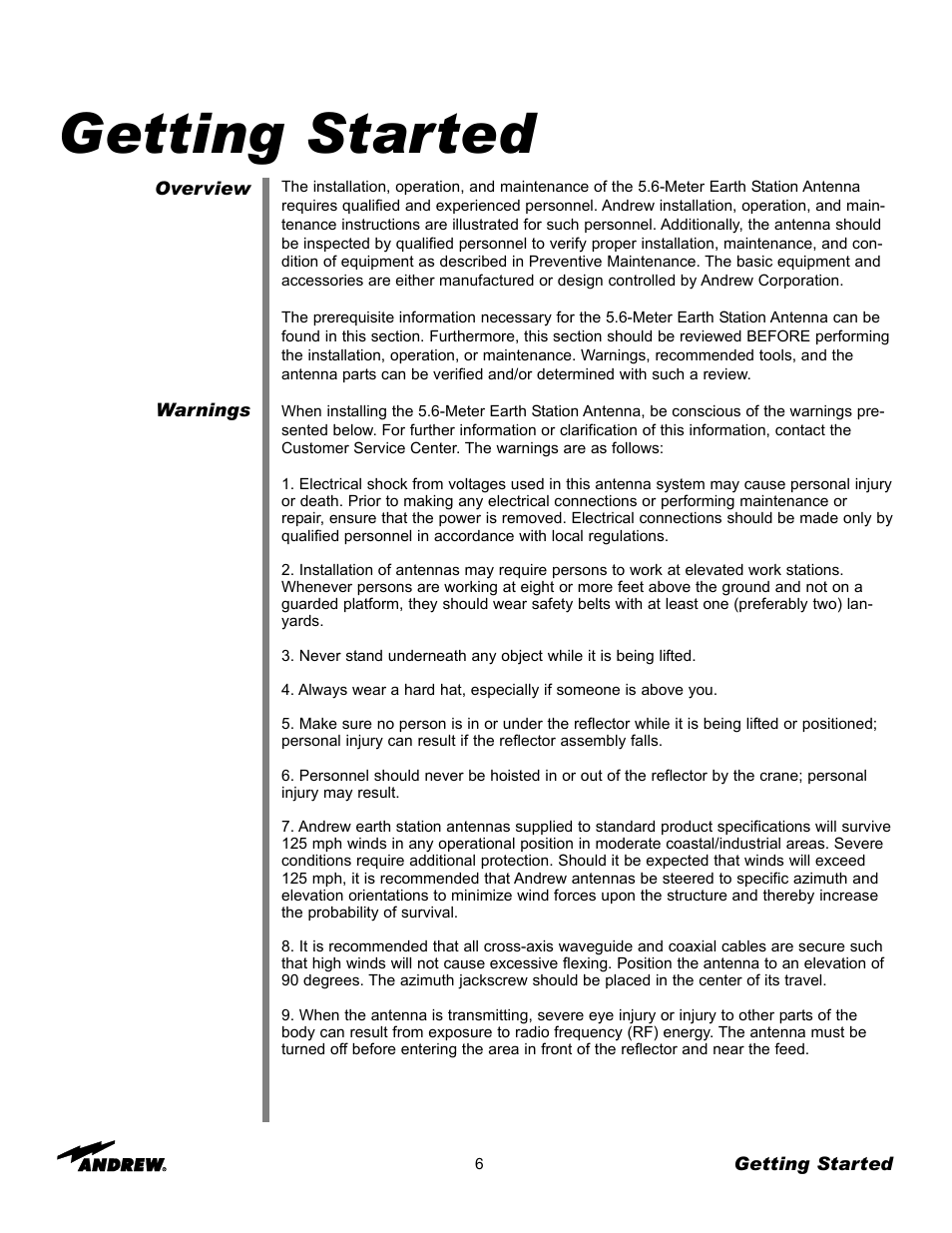 Getting started | Andrew 5.6-Meter ESA User Manual | Page 6 / 54
