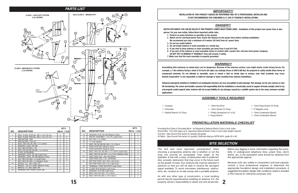 Site selection, Parts list, Important | Danger, Warning, Assembly tools required, Preinstallation materials checklist | Andrew 960 User Manual | Page 3 / 9